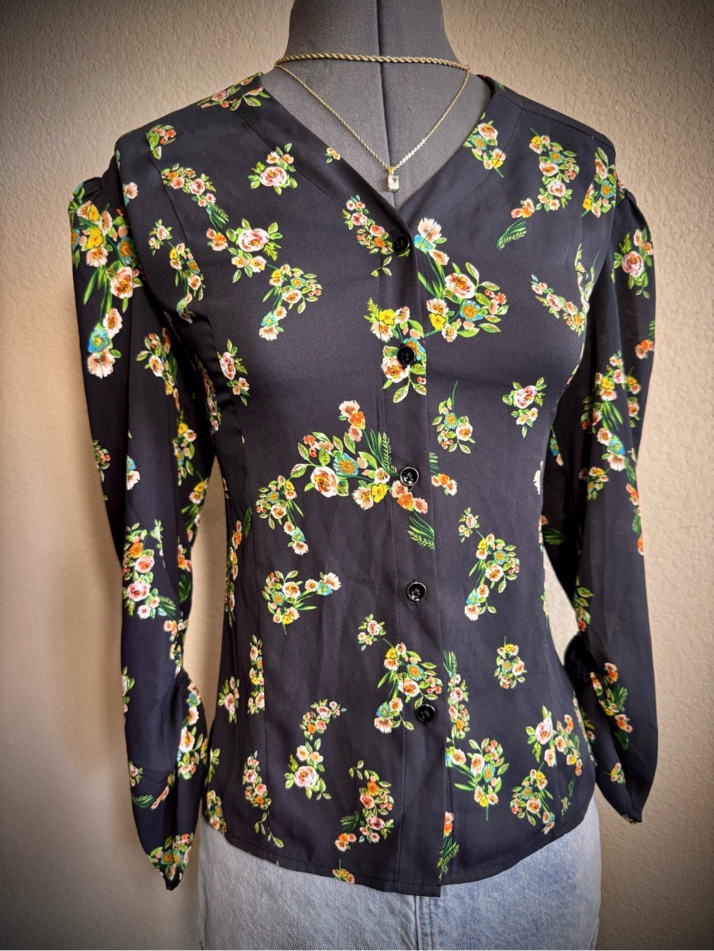 CAbi Black Green Pink Button Up Blouse Top XS